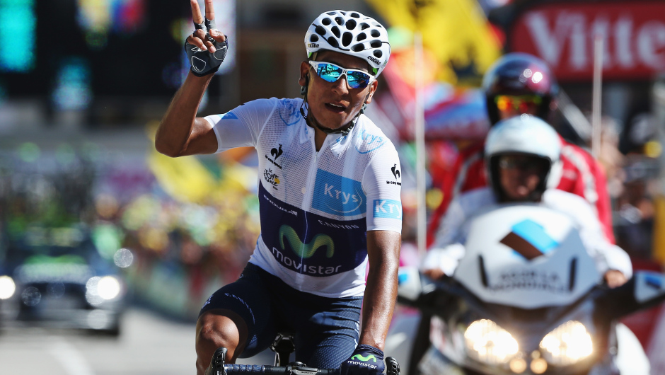 L'ALPE D'HUEZ, FRANCE - JULY 25: Nairo Quintana of Colombia and Movistar Team crosses the finish line at the end of the twentieth stage of the 2015 Tour de France, a 110.5 km stage between Modane Valfrejus and L'Alpe d'Huez on July 25, 2015 in L'Alpe d'Huez, France. (Photo by Doug Pensinger/Getty Images)
